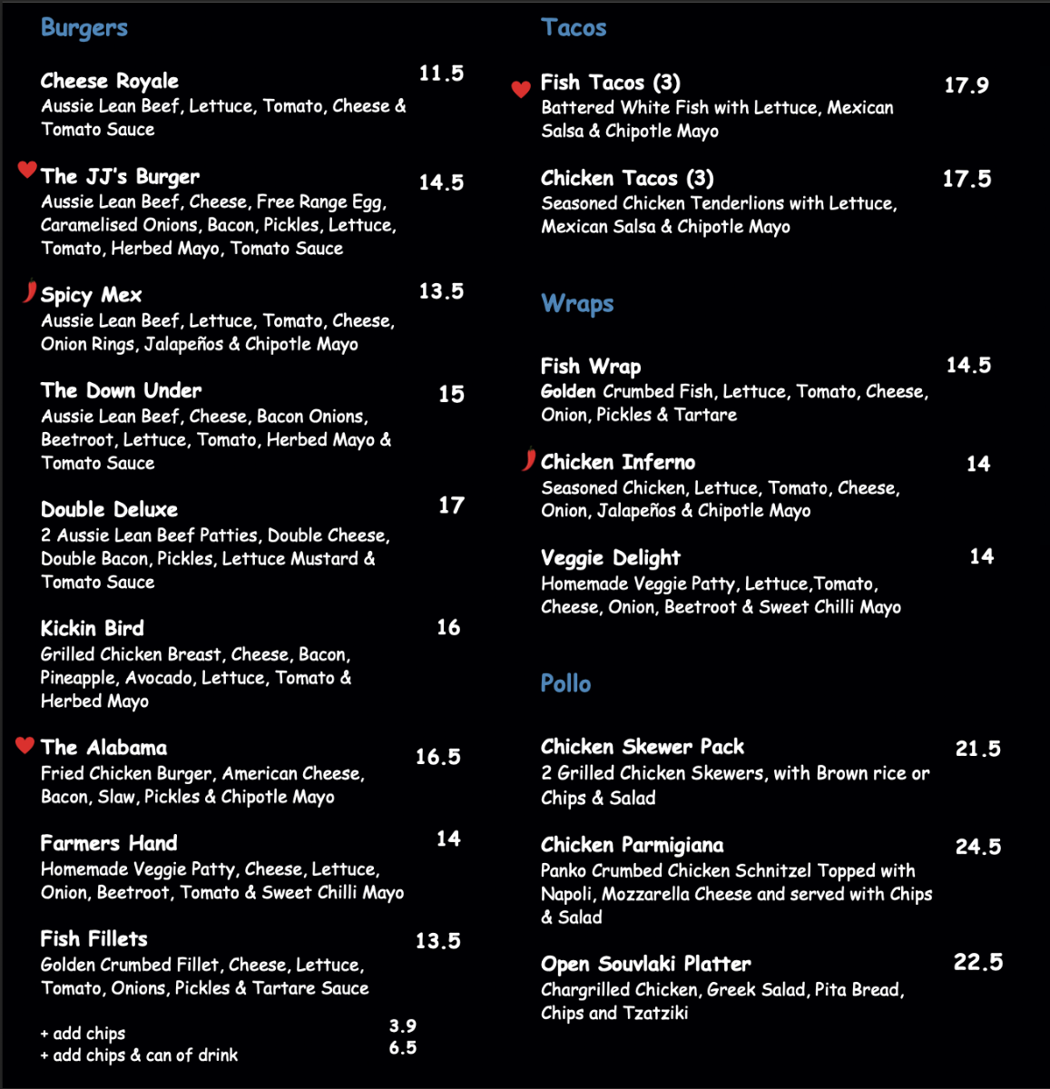 Menu, JJ's Fish Chips Burgers