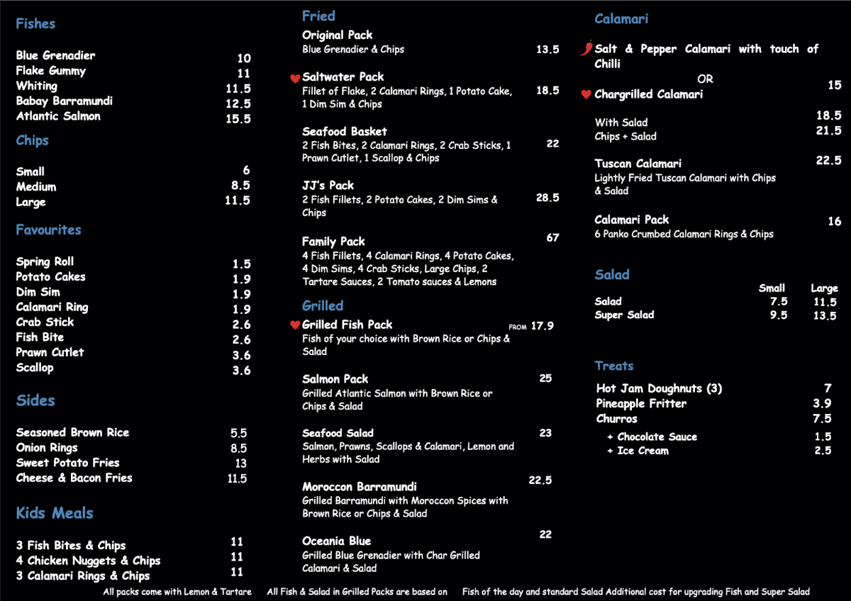 Menu, JJ's Fish Chips Burgers
