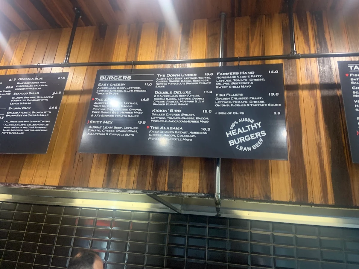 Menu, JJ's Fish Chips Burgers