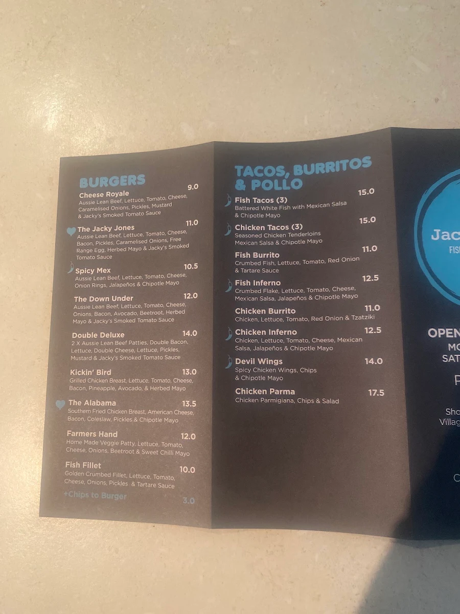 Menu, JJ's Fish Chips Burgers