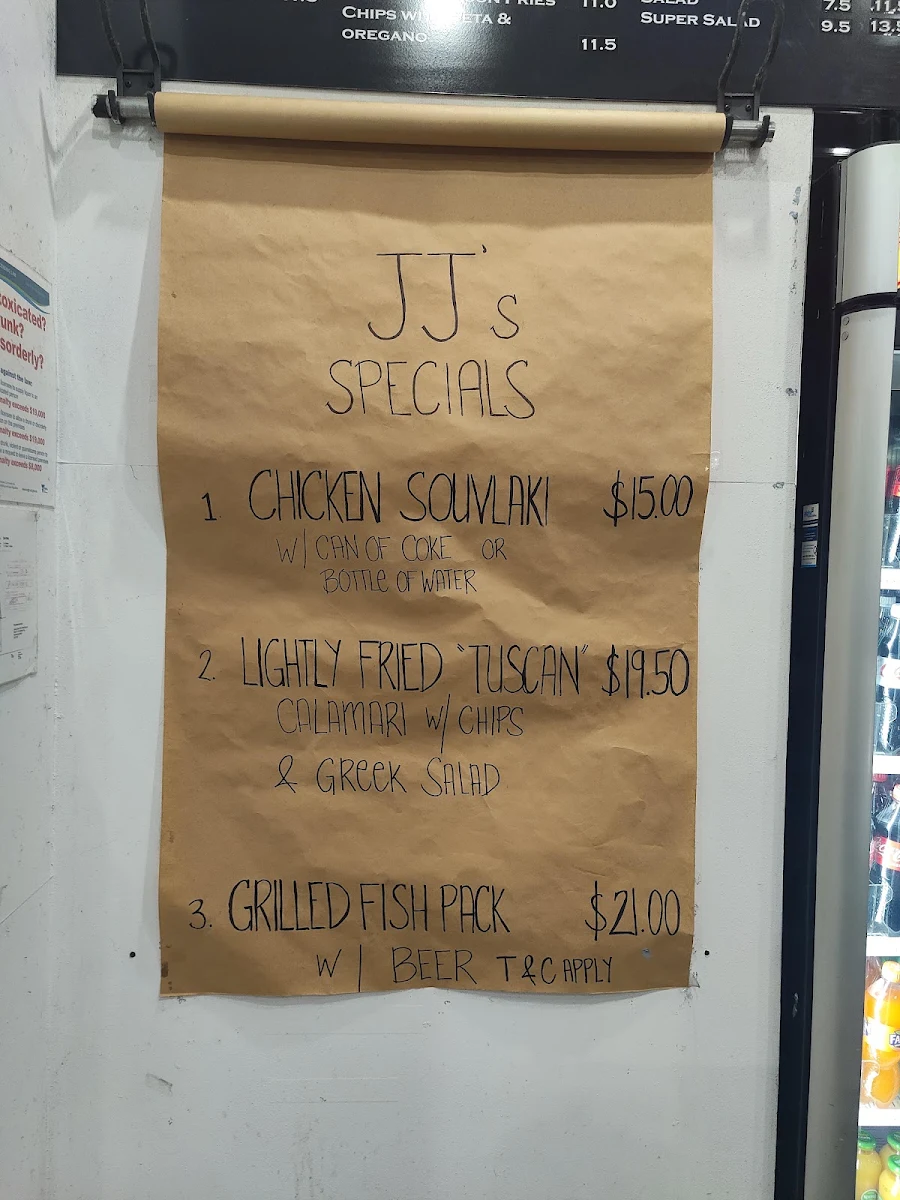 Menu, JJ's Fish Chips Burgers