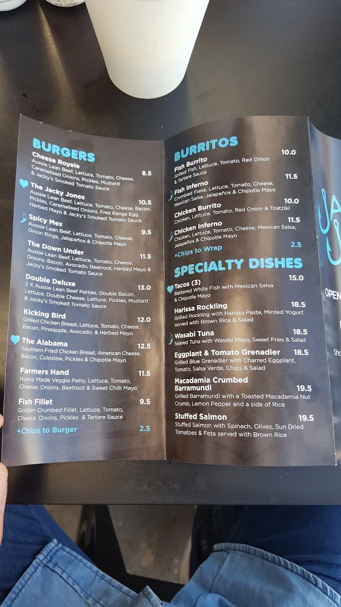 Menu, JJ's Fish Chips Burgers