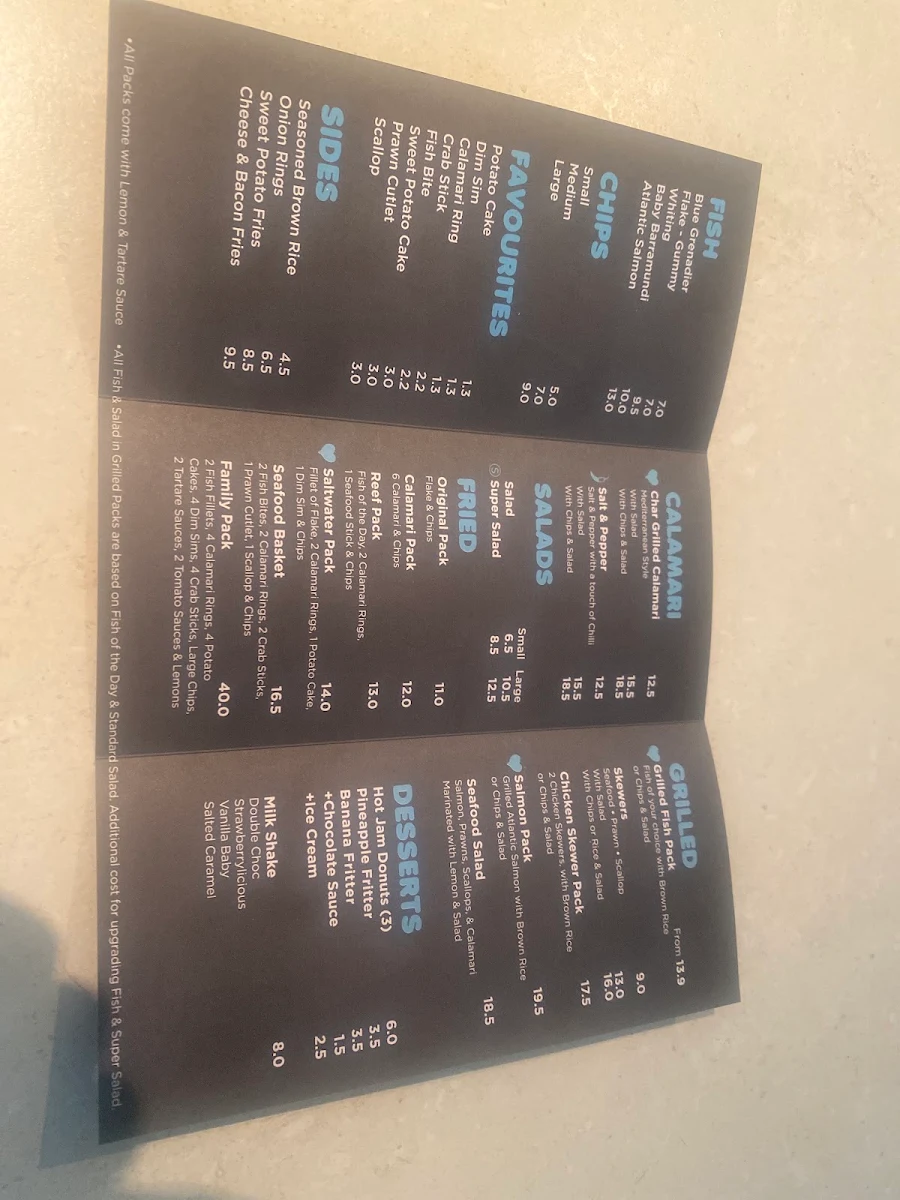 Menu, JJ's Fish Chips Burgers