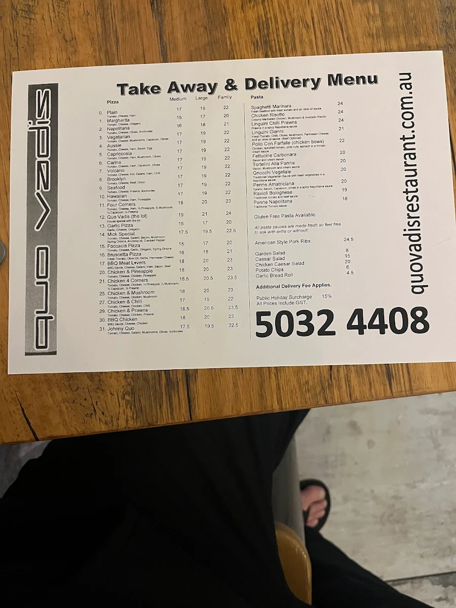 Menu, Quo-Vadis Restaurant & Pizza Parlour