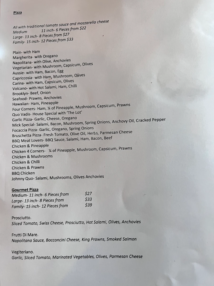 Menu, Quo-Vadis Restaurant & Pizza Parlour