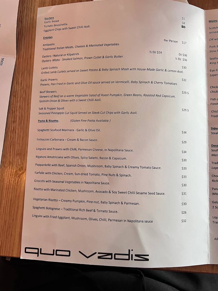 Menu, Quo-Vadis Restaurant & Pizza Parlour