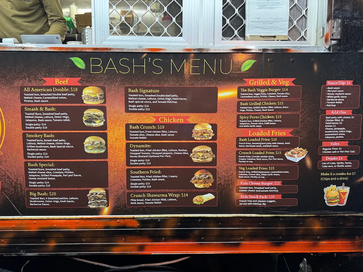 Menu, Bash Burgers and Wraps