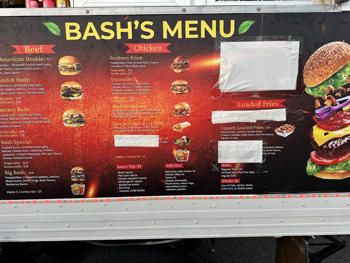 Menu, Bash Burgers and Wraps