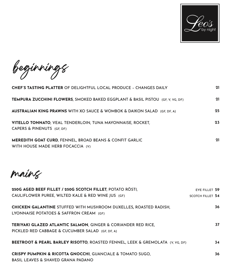 Menu, Leo's by Night