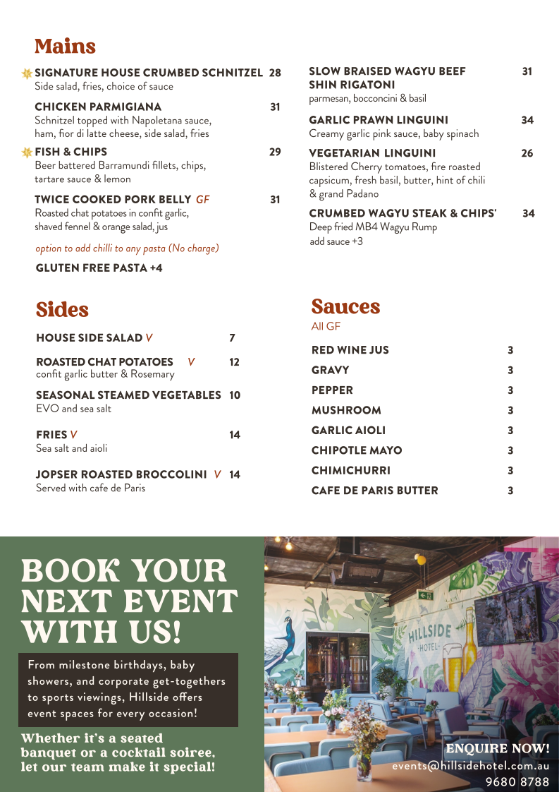 Menu, Hillside Hotel