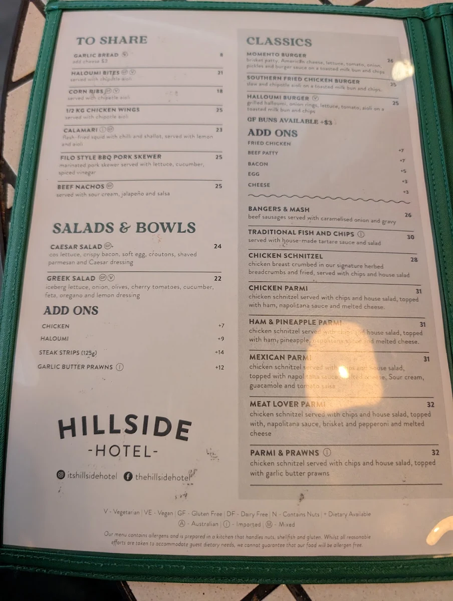 Menu, Hillside Hotel