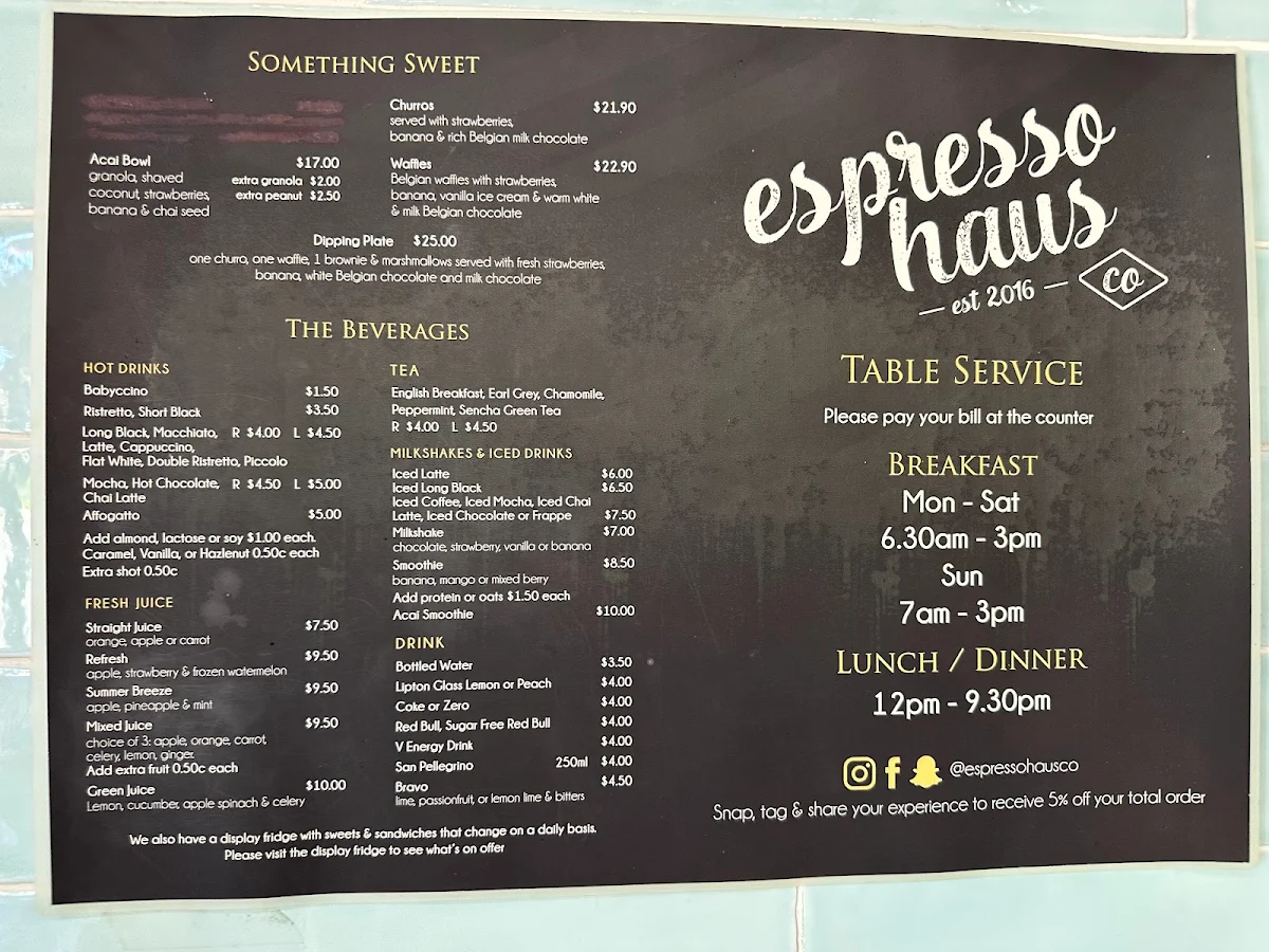 Menu, Espresso Haus Co.