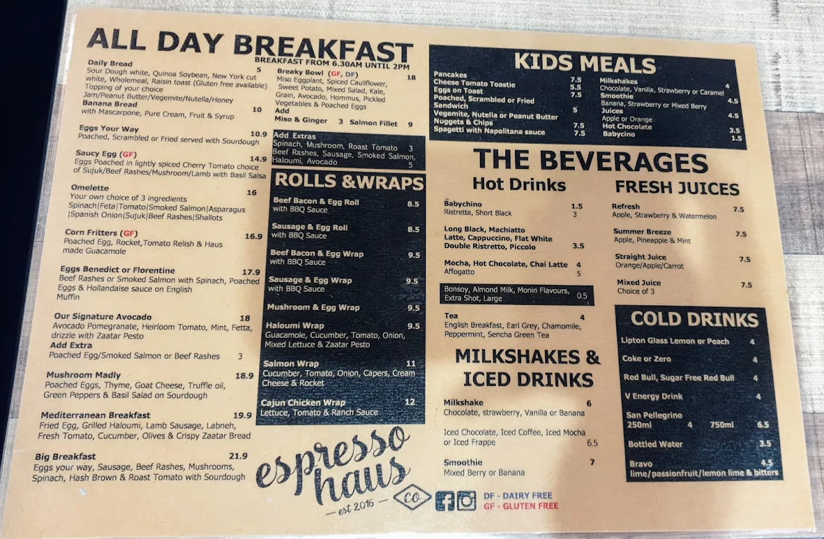 Menu, Espresso Haus Co.