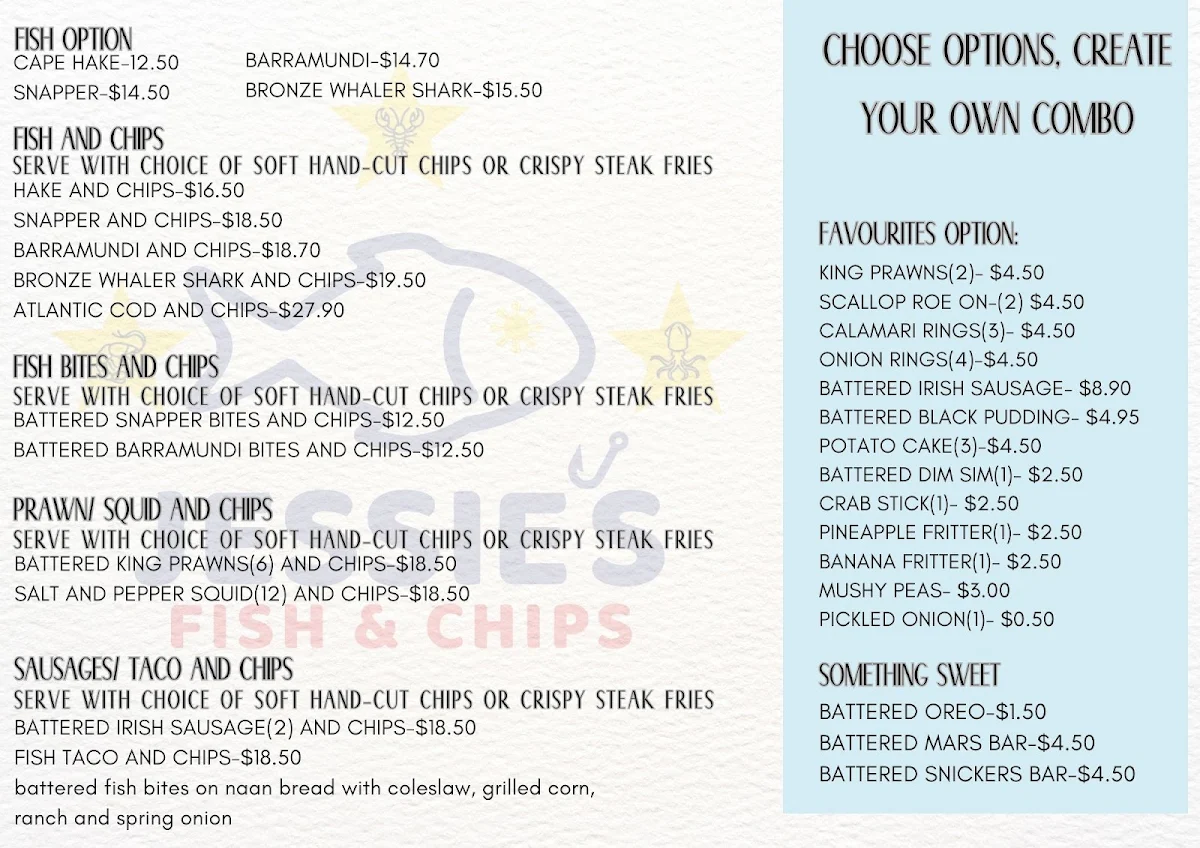 Menu, JESSIE'S FISH AND CHIPS