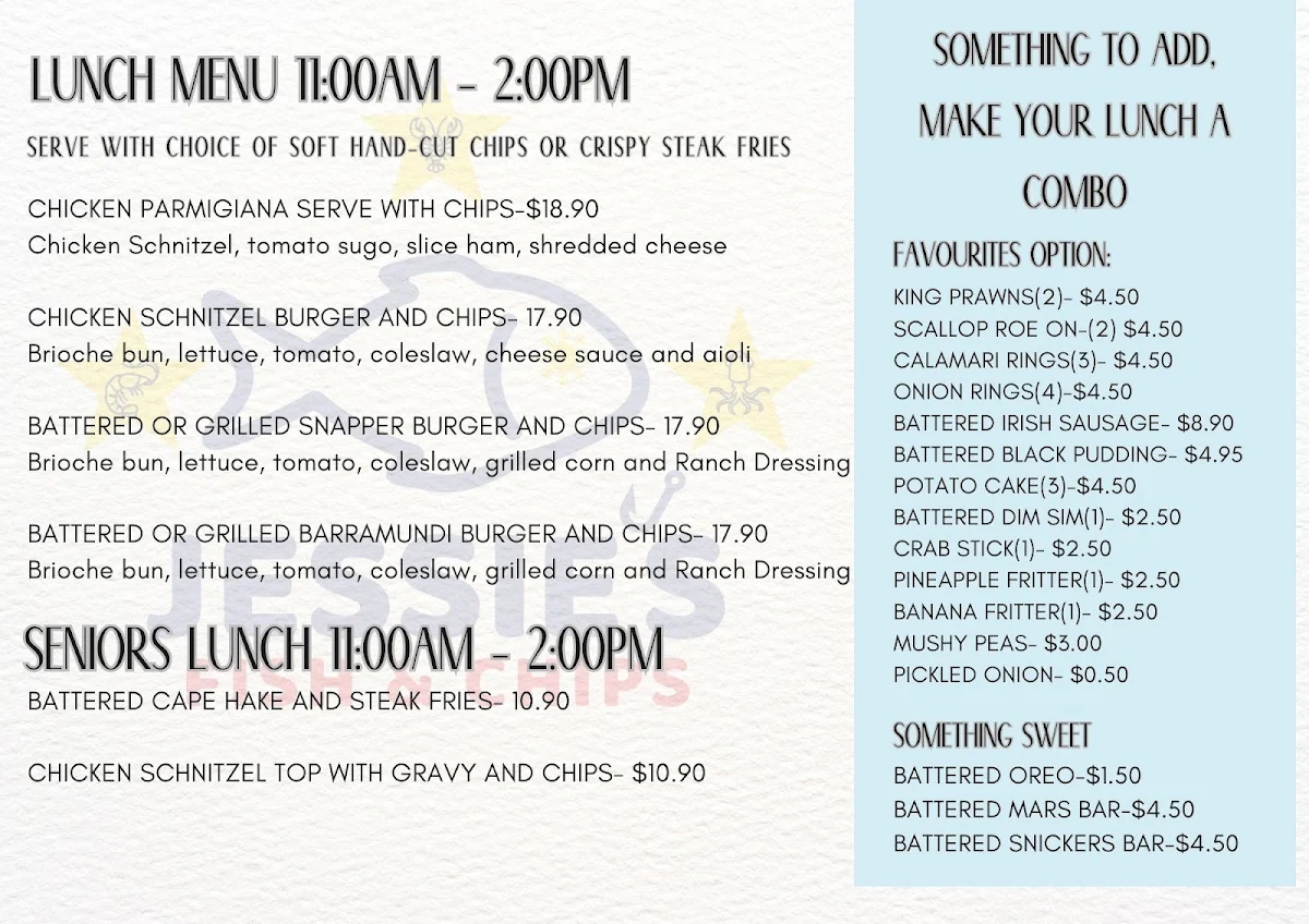 Menu, JESSIE'S FISH AND CHIPS