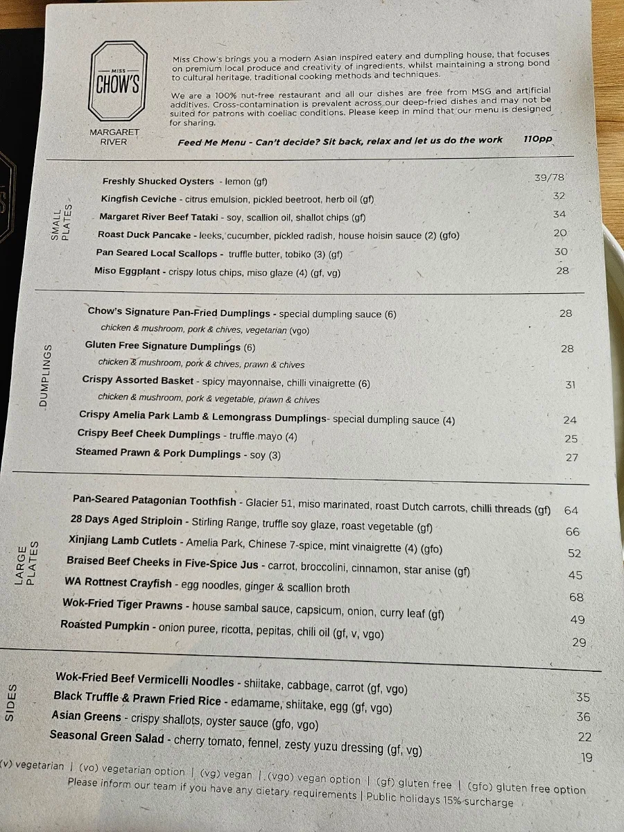 Menu, Miss Chow's Margaret River