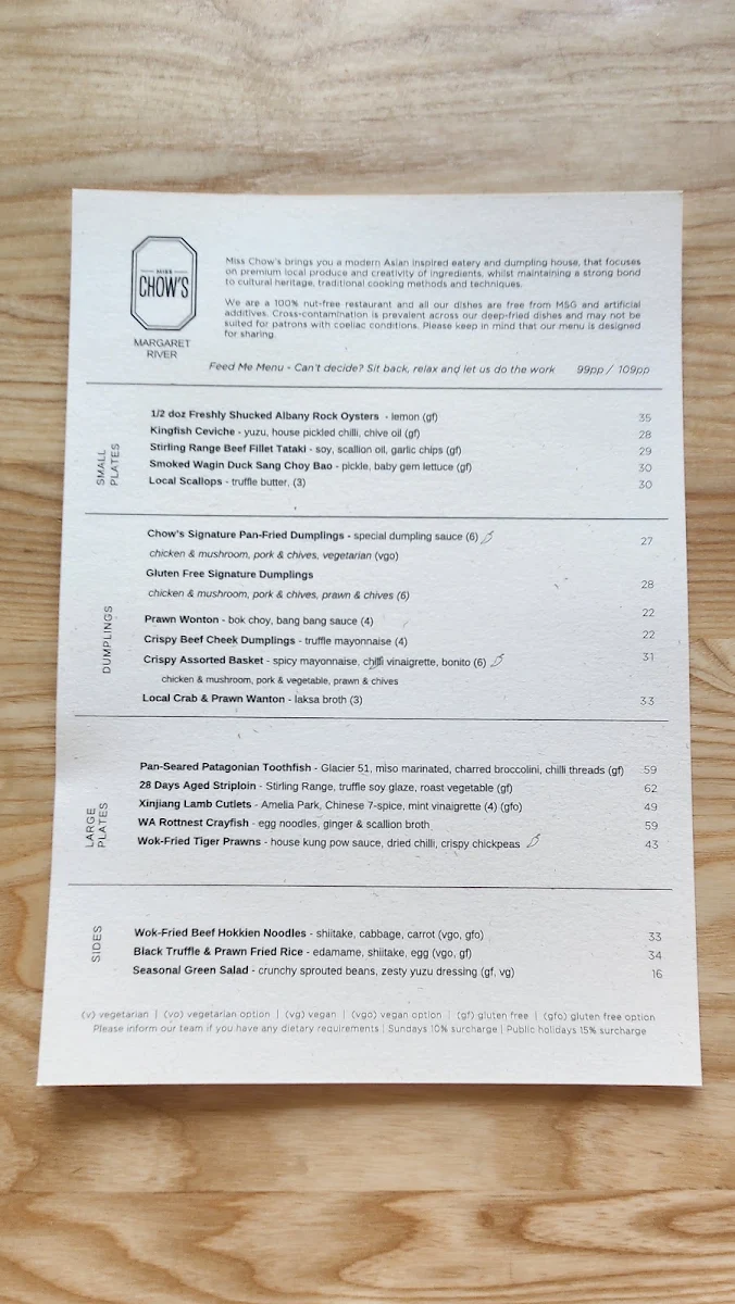 Menu, Miss Chow's Margaret River