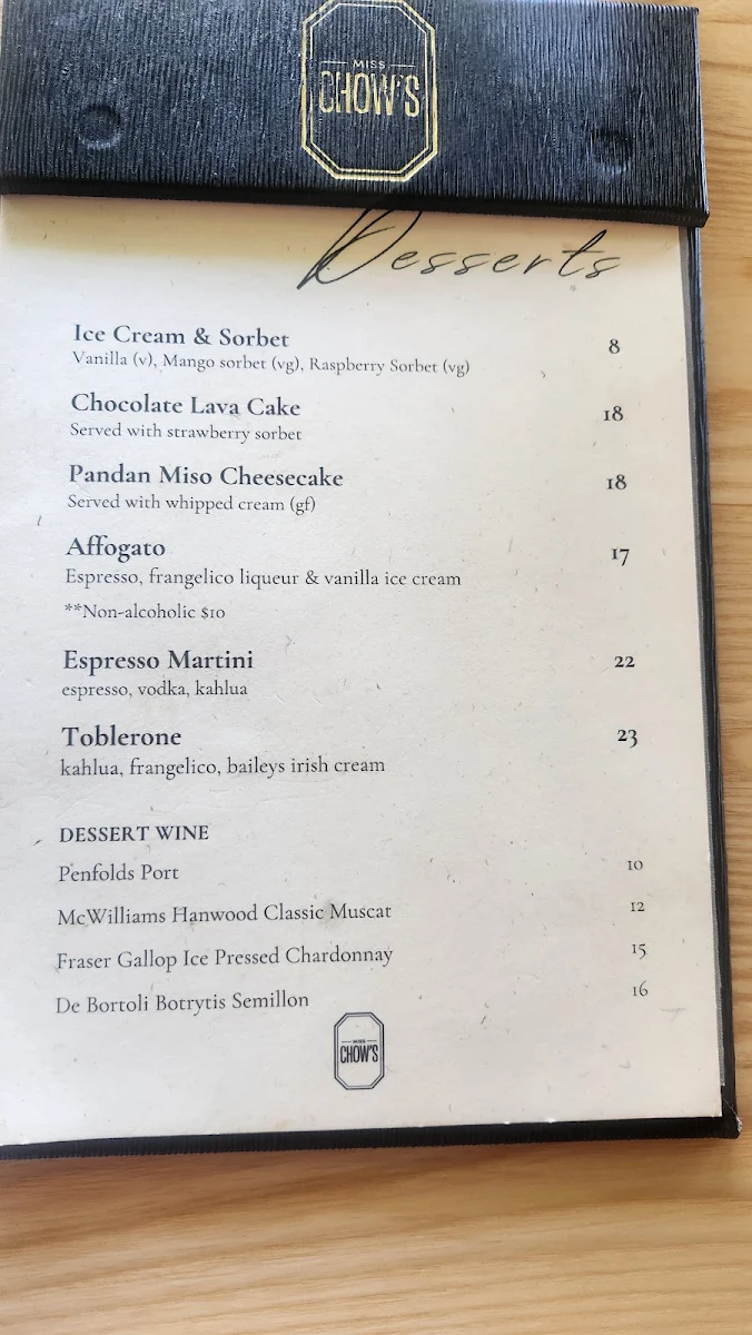 Menu, Miss Chow's Margaret River