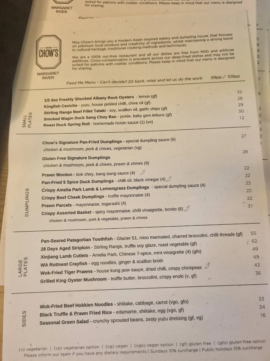 Menu, Miss Chow's Margaret River