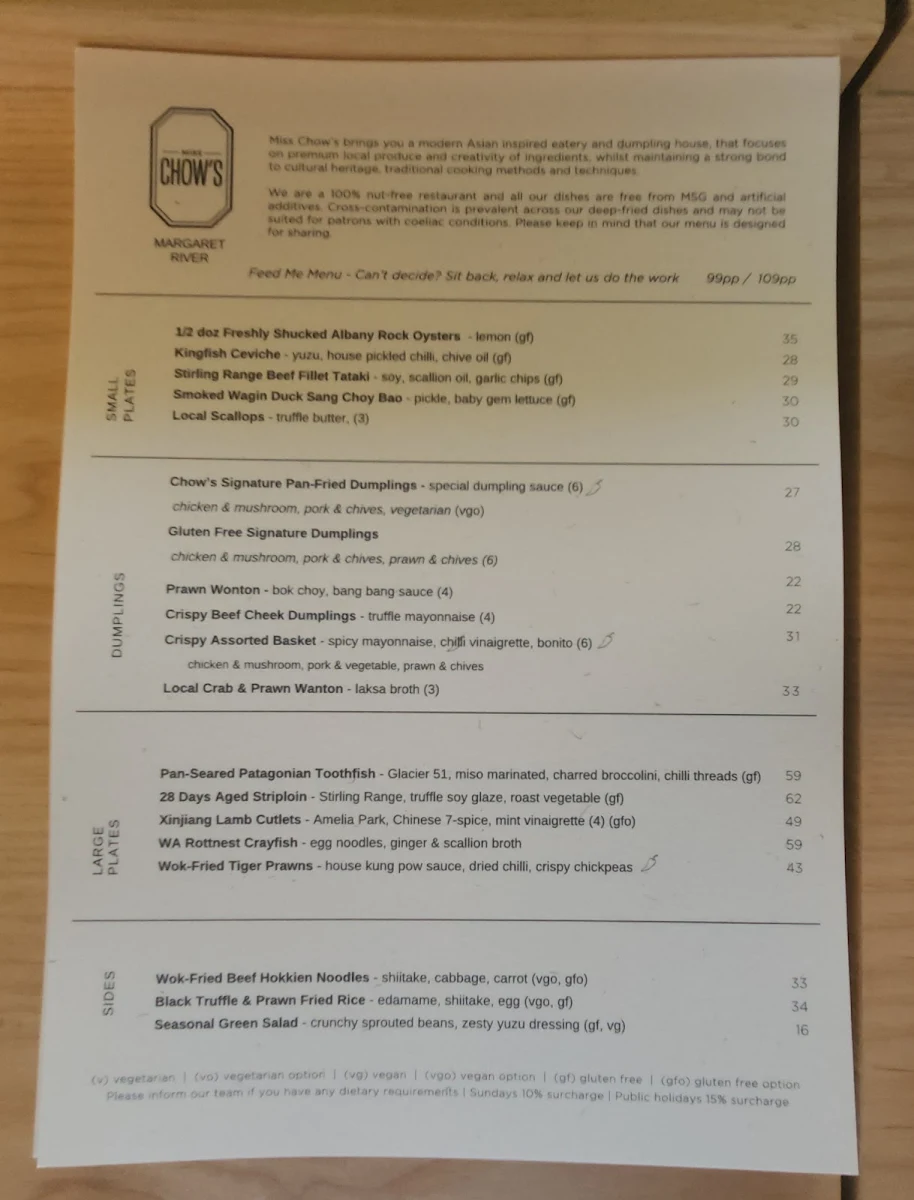 Menu, Miss Chow's Margaret River