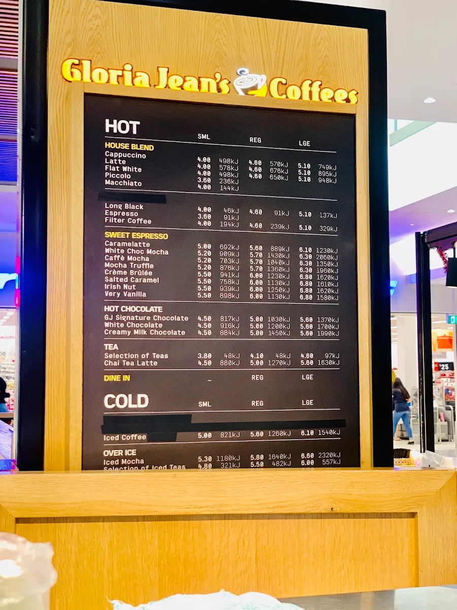 Menu, Gloria Jean's Merrylands
