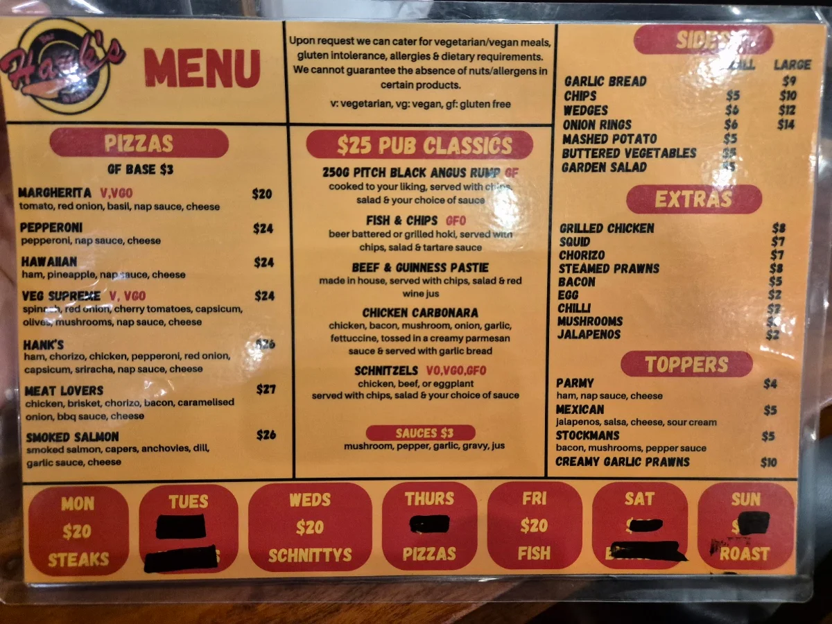Menu, Hank’s Bar and Bistro