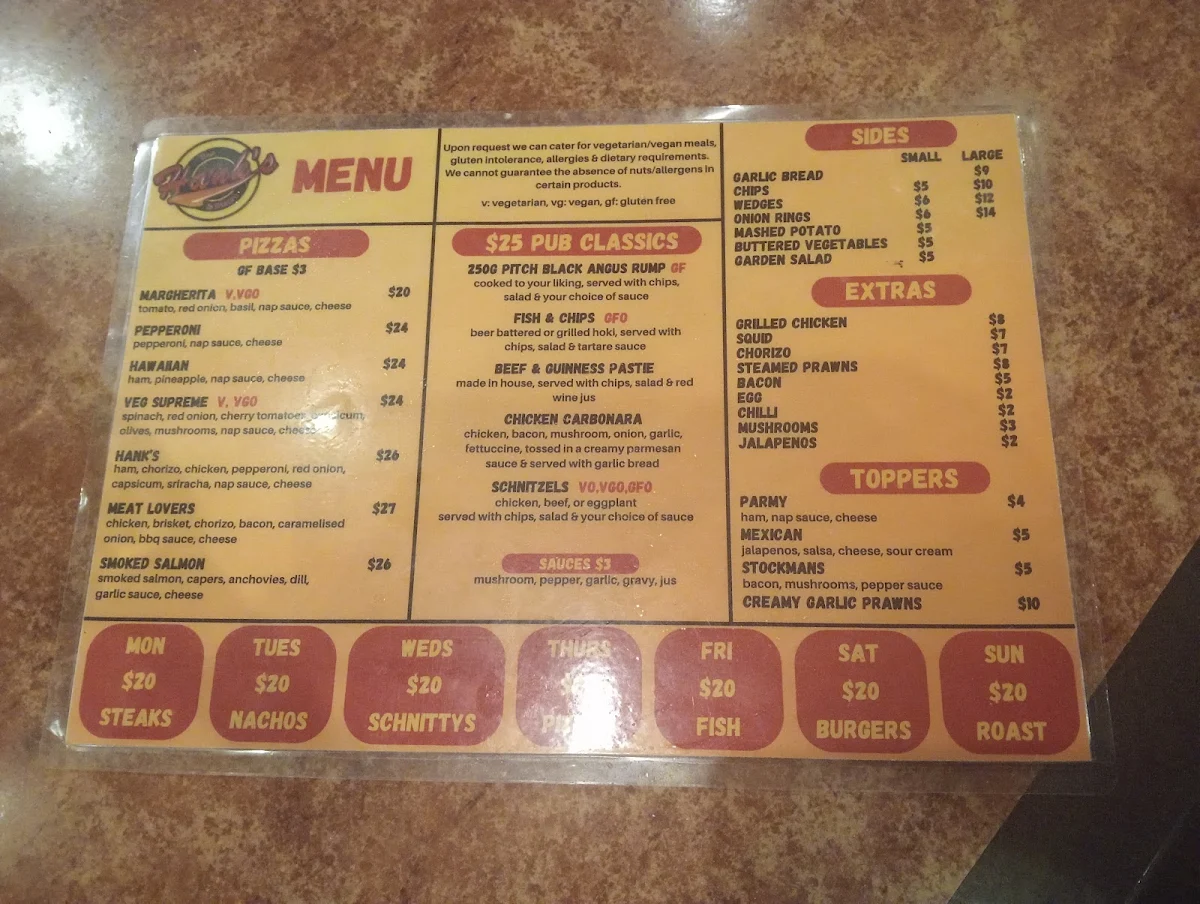 Menu, Hank’s Bar and Bistro