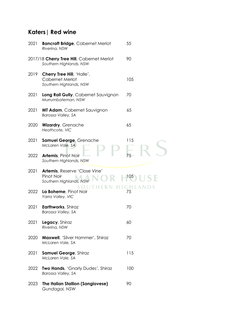 Menu, Katers Restaurant and Katers Larder
