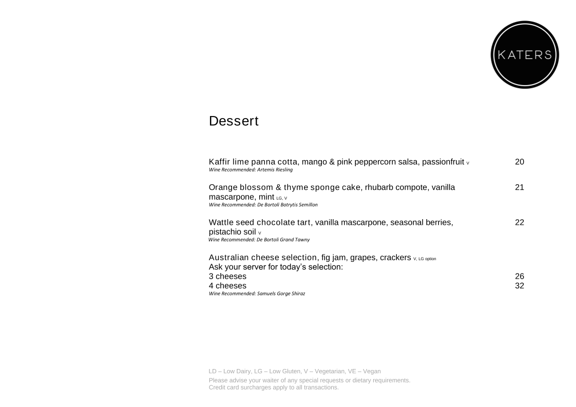 Menu, Katers Restaurant and Katers Larder