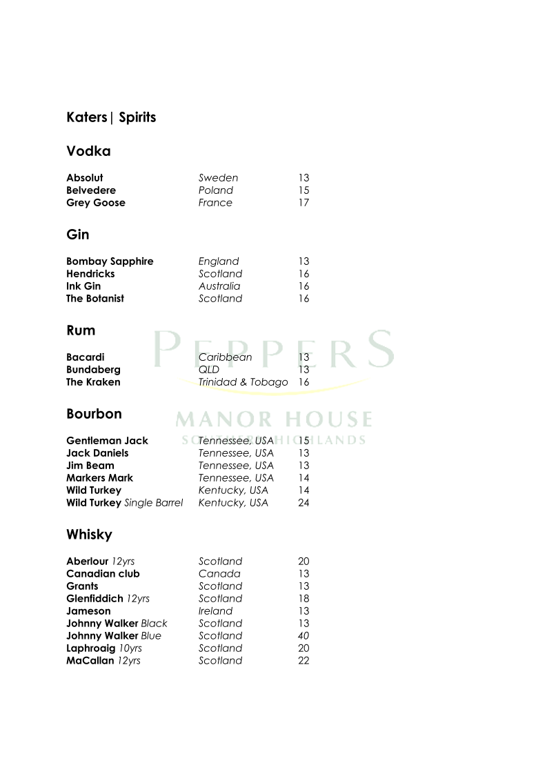 Menu, Katers Restaurant and Katers Larder