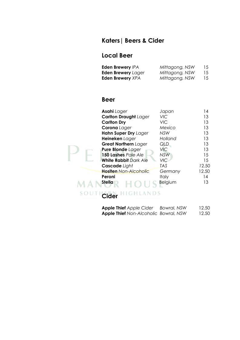 Menu, Katers Restaurant and Katers Larder