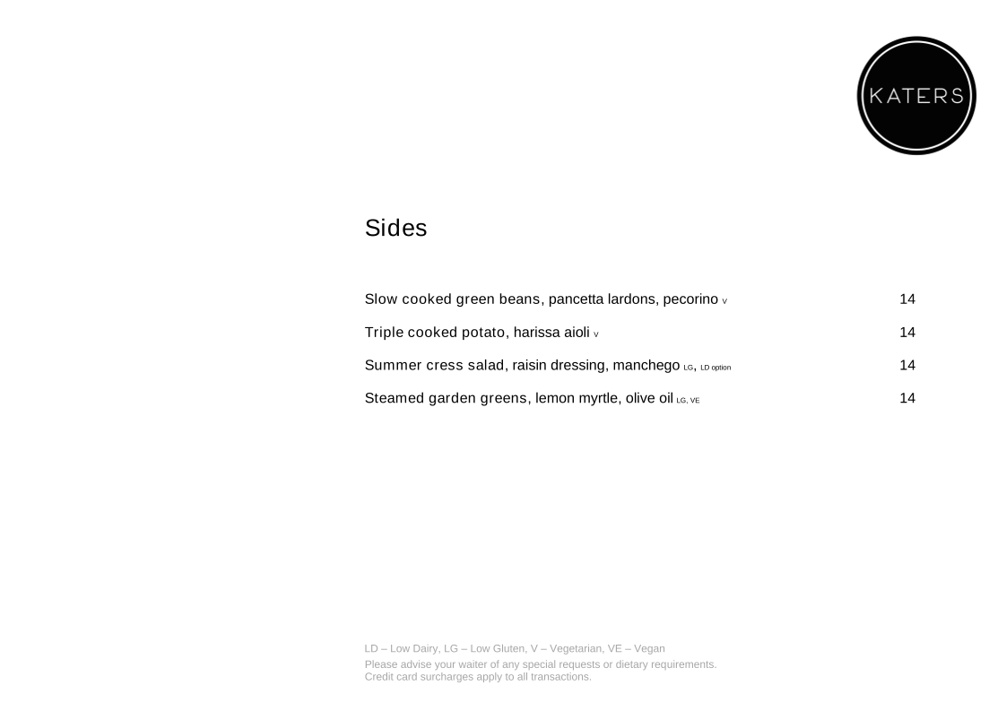 Menu, Katers Restaurant and Katers Larder