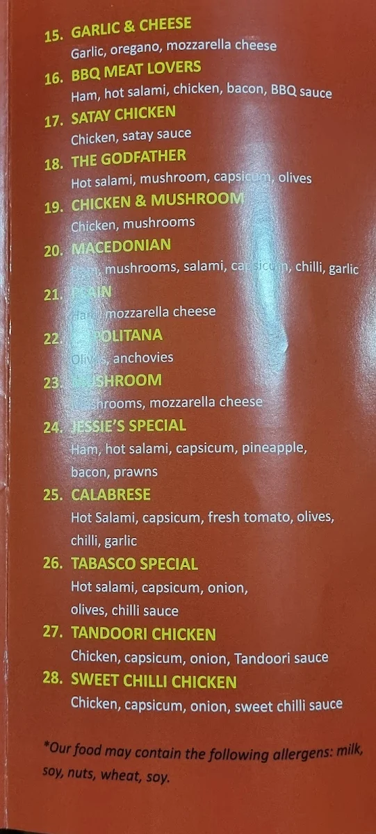Menu, Jessie's Pizza Point Cook