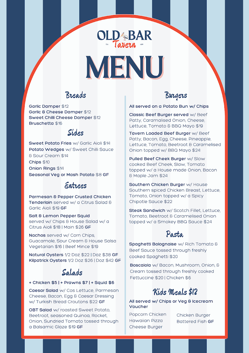 Menu, Old Bar Tavern