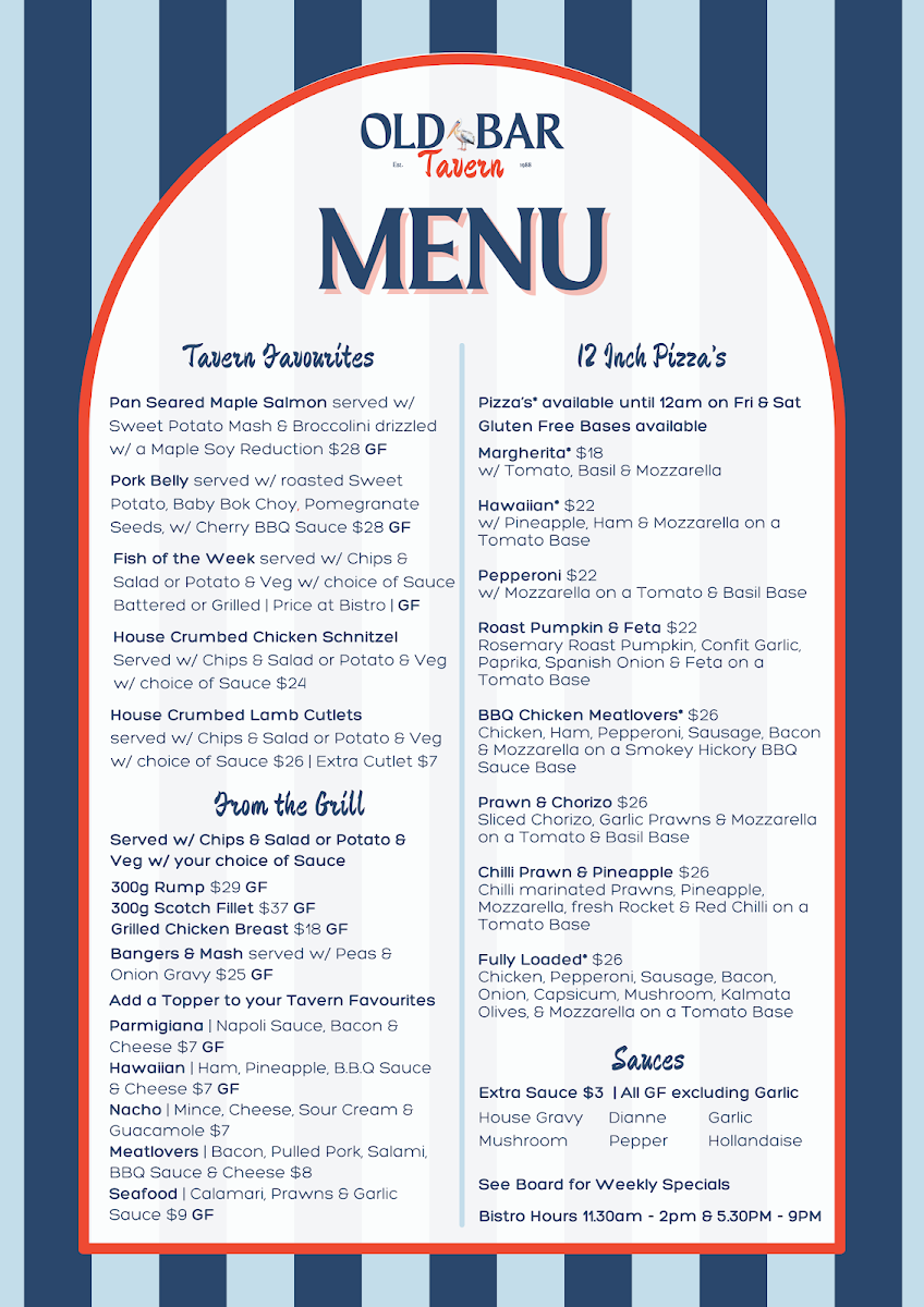 Menu, Old Bar Tavern