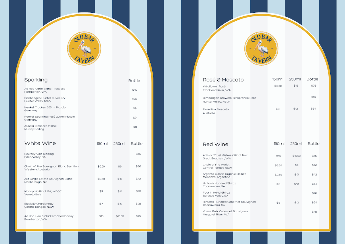 Menu, Old Bar Tavern