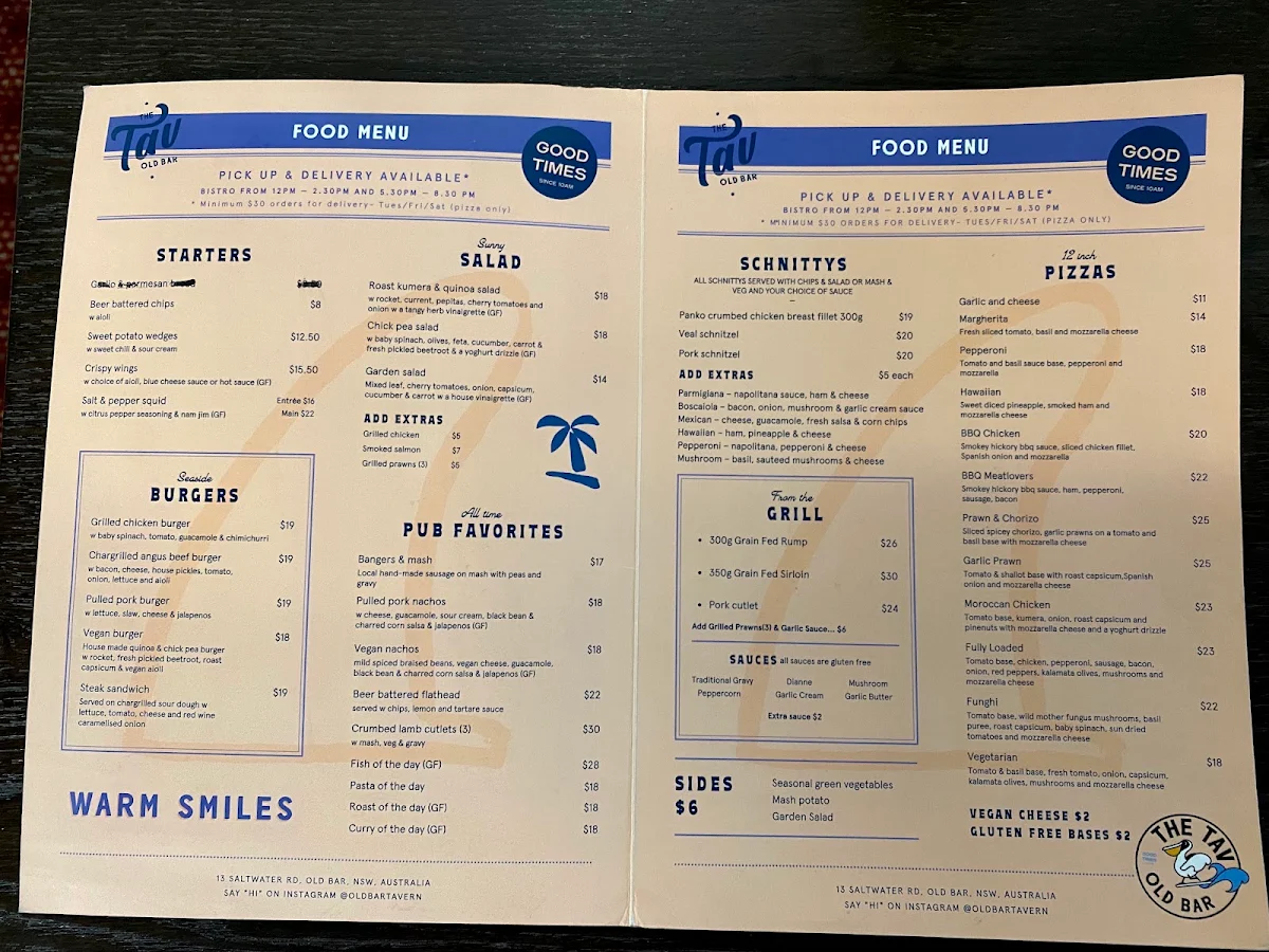 Menu, Old Bar Tavern