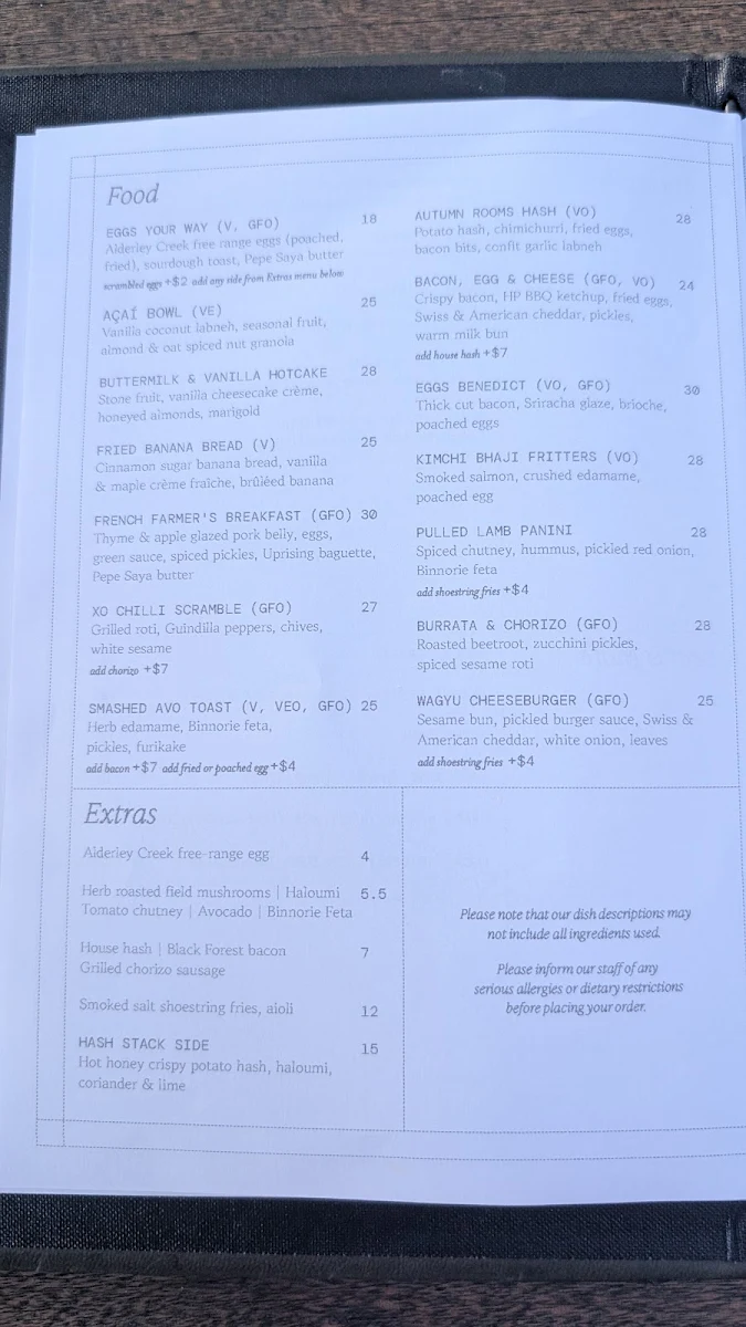 Menu, Autumn Rooms