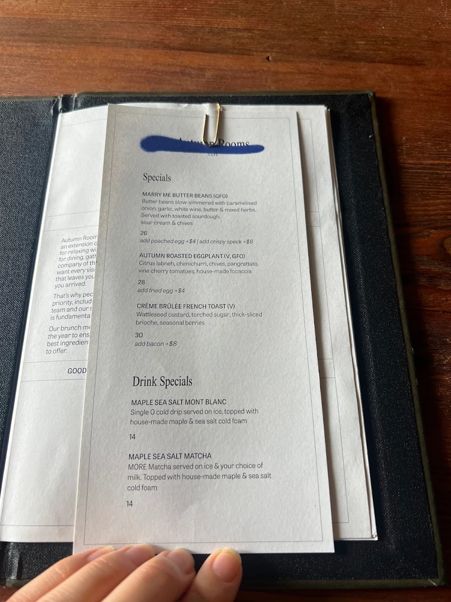 Menu, Autumn Rooms