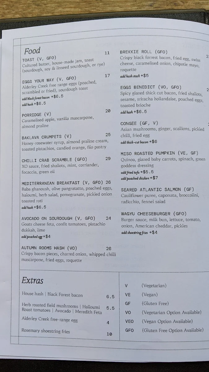 Menu, Autumn Rooms