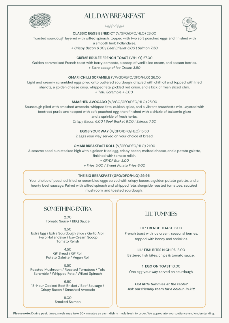Menu, Omari Bendigo