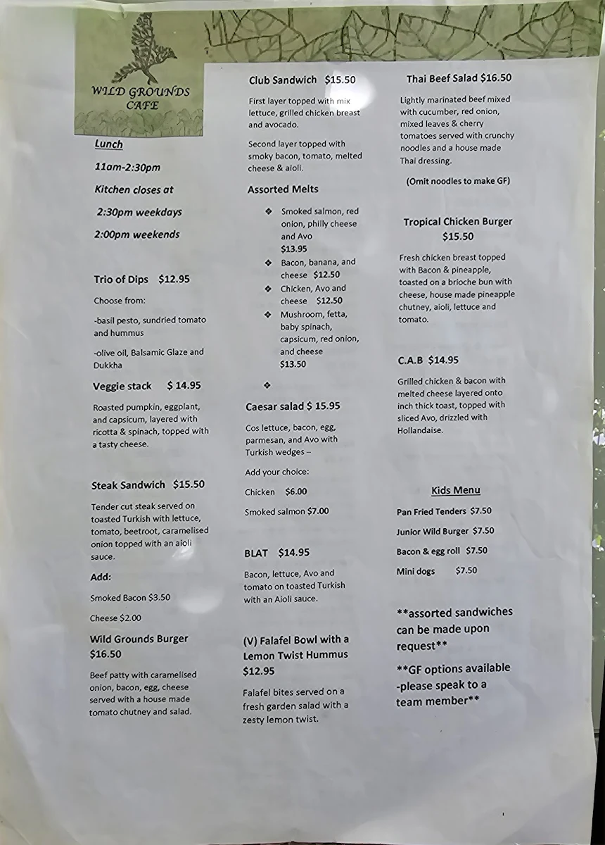 Menu, Wild Grounds Cafe