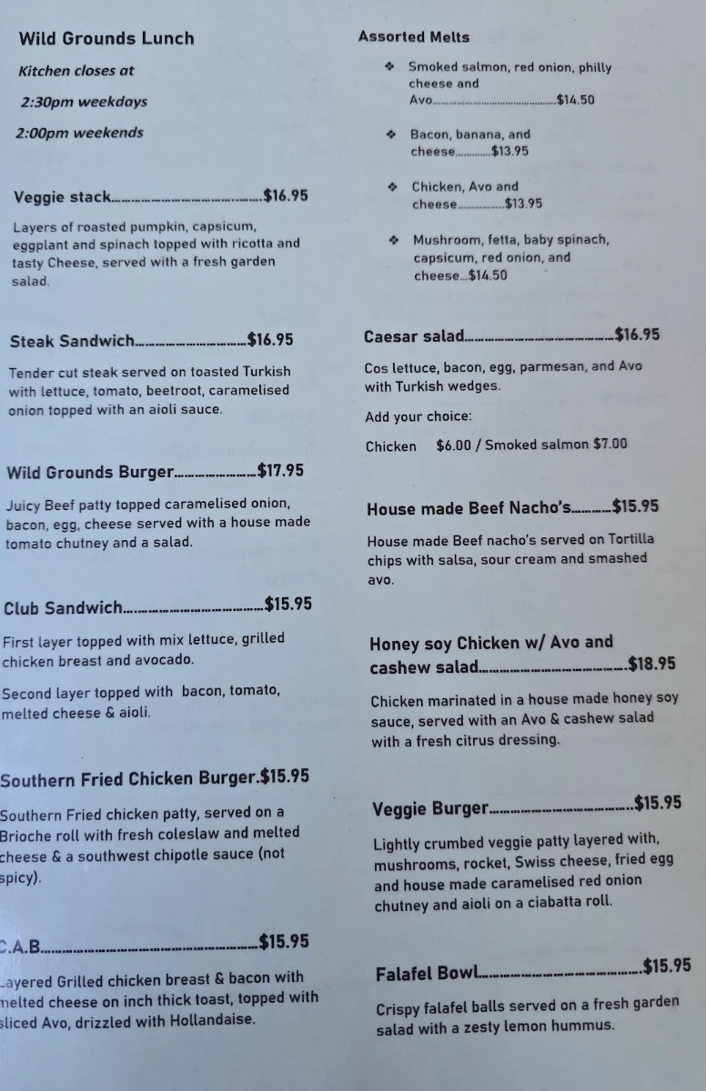 Menu, Wild Grounds Cafe
