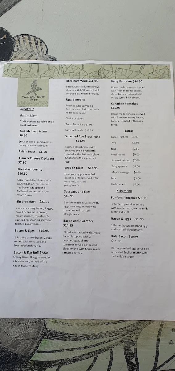 Menu, Wild Grounds Cafe