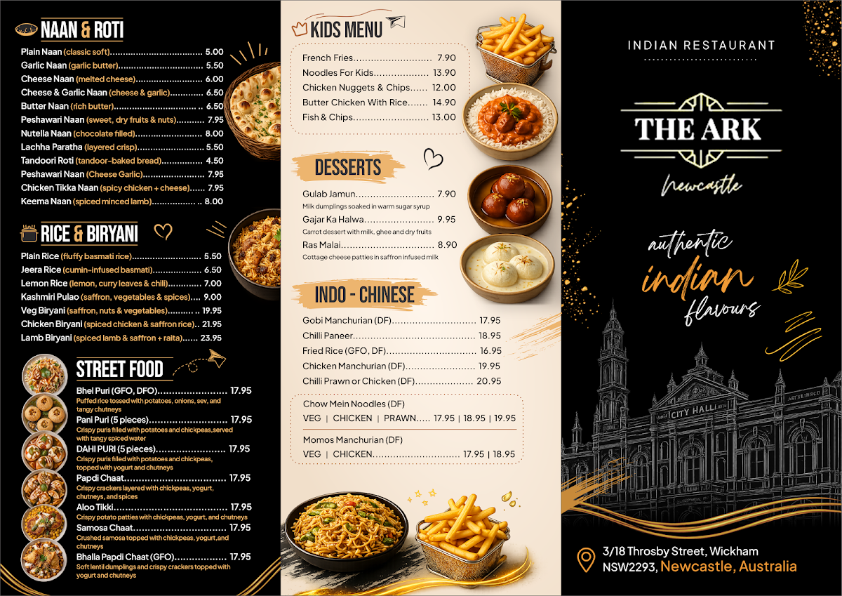 Menu, THE ARK NEWCASTLE INDIAN RESTAURANT