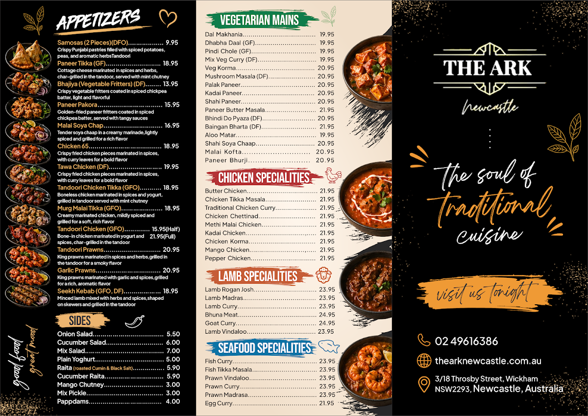 Menu, THE ARK NEWCASTLE INDIAN RESTAURANT