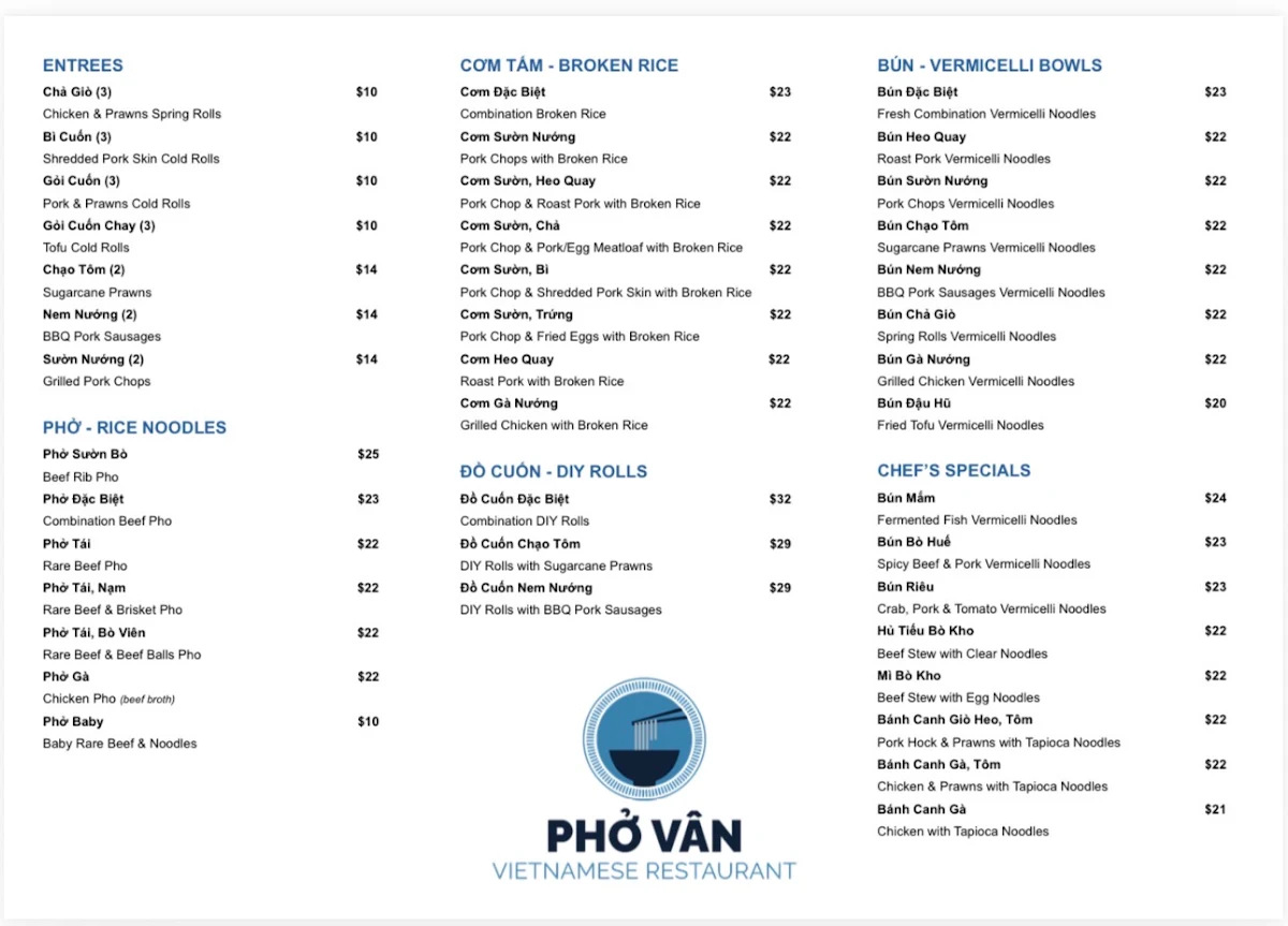 Menu, Phở Vân Vietnamese Restaurant