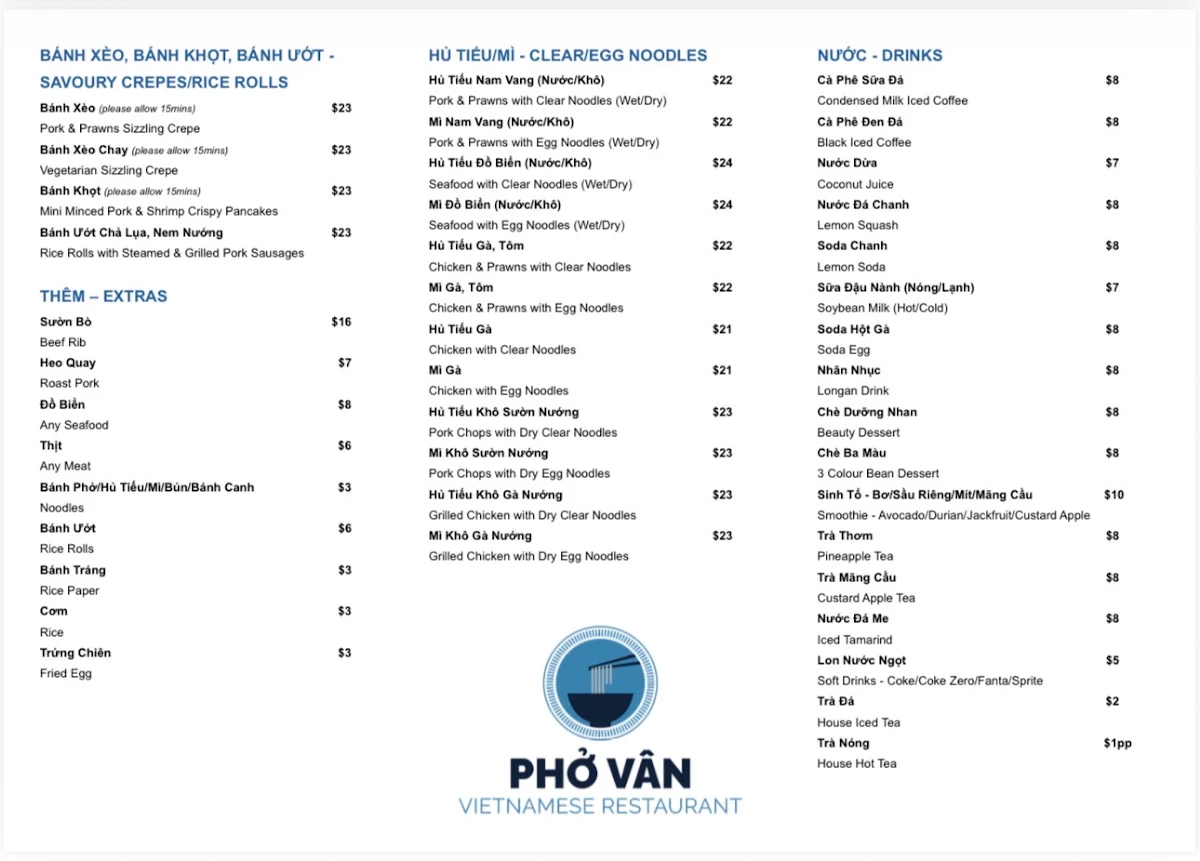 Menu, Phở Vân Vietnamese Restaurant