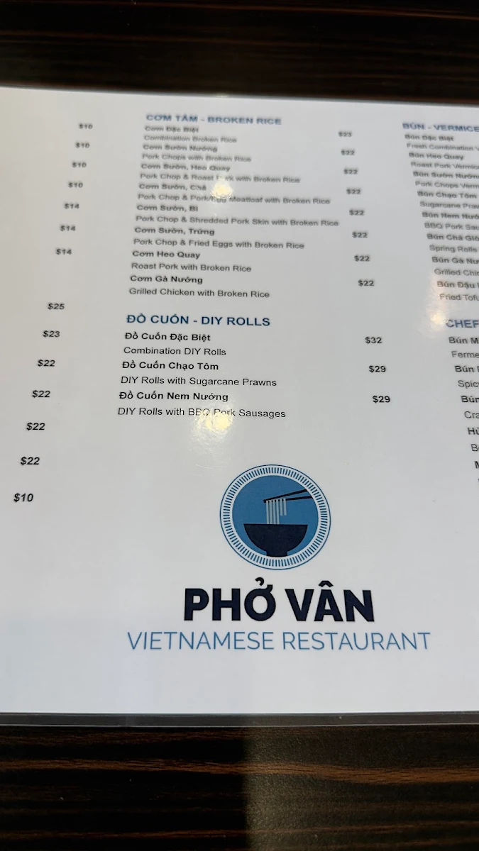 Menu, Phở Vân Vietnamese Restaurant
