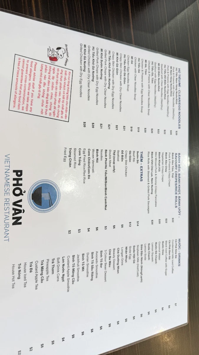 Menu, Phở Vân Vietnamese Restaurant